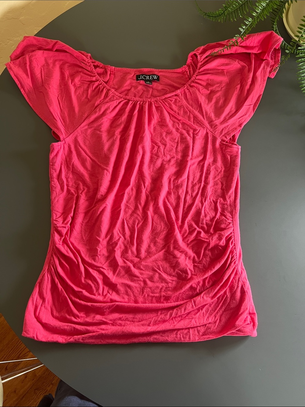 J.Crew Bright Pink Ruched Short Sleeve Scoop Neck ruffled top